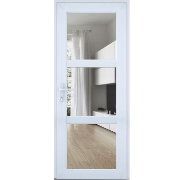 Front Exterior Prehung FiberGlass Door Clear Glass See-through / Manux 8555 White Silk Clear Glass / Office Commercial and Residential Doors Entrance Patio Garage