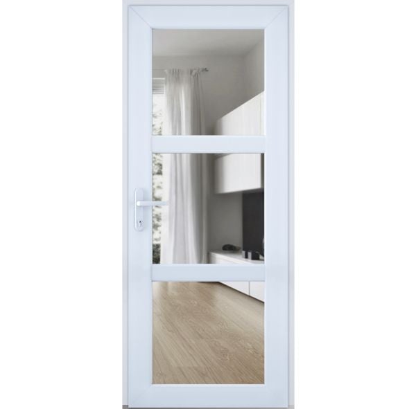 Front Exterior Prehung FiberGlass Door Clear Glass See-through / Manux 8555 White Silk Clear Glass / Office Commercial and Residential Doors Entrance Patio Garage-W30" x H80"-Right-hand Inswing