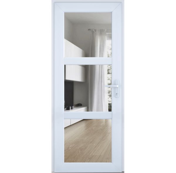 Front Exterior Prehung FiberGlass Door Clear Glass See-through / Manux 8555 White Silk Clear Glass / Office Commercial and Residential Doors Entrance Patio Garage-W36" x H80"-Left-hand Inswing