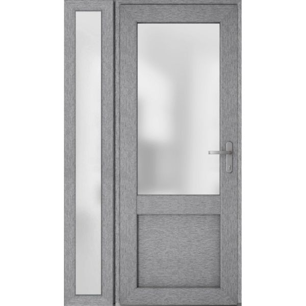 Front Exterior Prehung FiberGlass Door Frosted Glass / Manux 8422 Grey Ash / Sidelight Exterior Window / Office Commercial and Residential Doors Entrance Patio Garage-W36+12" x H80"-Left-hand Inswing