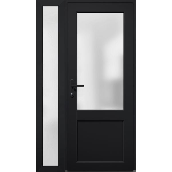Front Exterior Prehung FiberGlass Door Frosted Glass / Manux 8422 Matte Black / Side Exterior Window /  Office Commercial and Residential Doors Entrance Patio Garage-W36+12" x H80"-Right-hand Inswing