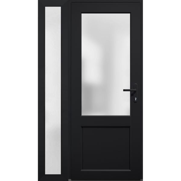 Front Exterior Prehung FiberGlass Door Frosted Glass / Manux 8422 Matte Black / Sidelight Exterior Window / Office Commercial and Residential Doors Entrance Patio Garage-W36+12" x H80"-Left-hand Inswing