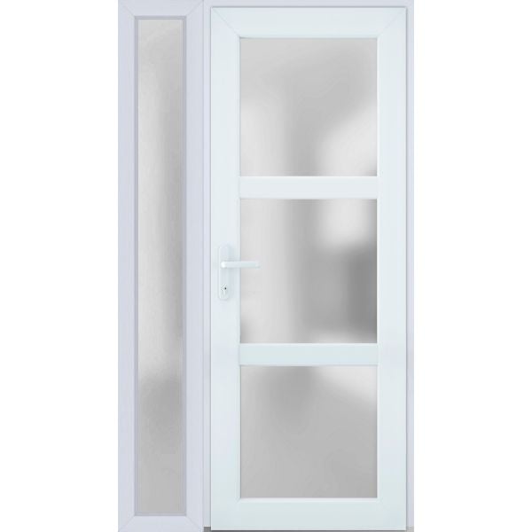 Front Exterior Prehung FiberGlass Door Frosted Glass / Manux 8552 White Silk / Side Exterior Window /  Office Commercial and Residential Doors Entrance Patio Garage-W36+12" x H80"-Right-hand Inswing