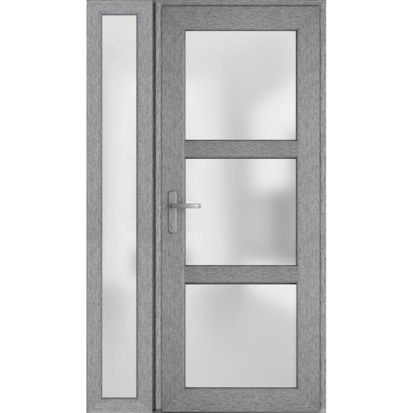Front Exterior Prehung FiberGlass Door Frosted Glass / Manux 8552 Grey Ash / Side Exterior Window /  Office Commercial and Residential Doors Entrance Patio Garage-W36+12" x H80"-Right-hand Inswing