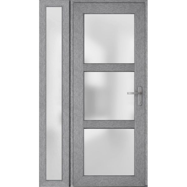Front Exterior Prehung FiberGlass Door Frosted Glass / Manux 8552 Grey Ash / Sidelight Exterior Window / Office Commercial and Residential Doors Entrance Patio Garage-W36+12" x H80"-Left-hand Inswing