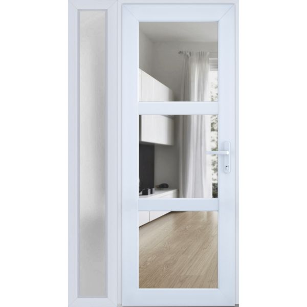 Front Exterior Prehung FiberGlass Door Clear Glass See-through / Manux 8555 White Silk Clear Glass / Sidelight Exterior Window / Office Commercial and Residential Doors Entrance Patio Garage-W30+16" x H80"-Left-hand Inswing