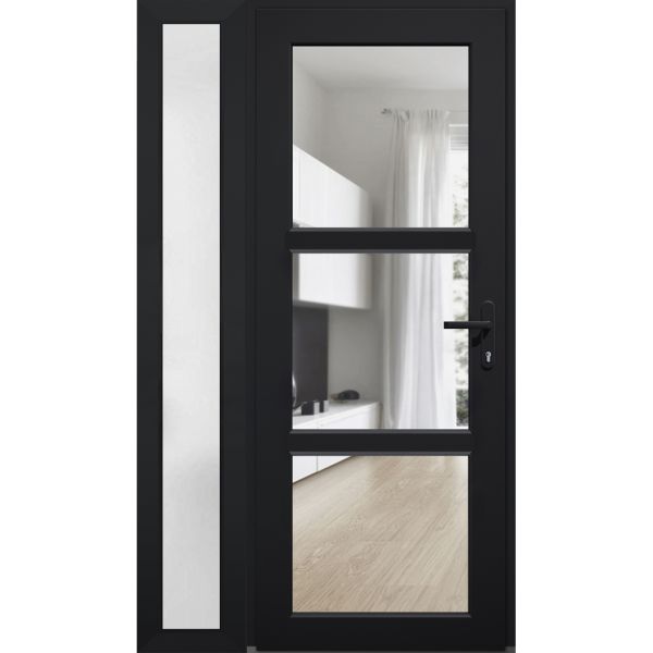 Front Exterior Prehung FiberGlass Door Clear Glass See-through / Manux 8555 Matte Black Clear Glass / Sidelight Exterior Window / Office Commercial and Residential Doors Entrance Patio Garage-W30+12" x H80"-Left-hand Inswing