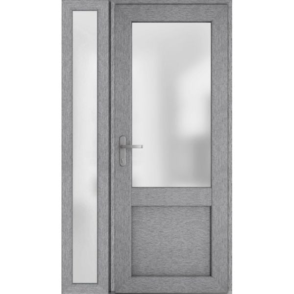 Front Exterior Prehung FiberGlass Door Frosted Glass / Manux 8422 Grey Ash / Side Exterior Window /  Office Commercial and Residential Doors Entrance Patio Garage-W36+12" x H80"-Right-hand Inswing