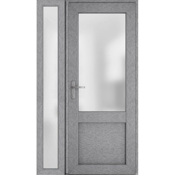 Front Exterior Prehung FiberGlass Door Frosted Glass / Manux 8422 Grey Ash / Sidelight Exterior Window / Office Commercial and Residential Doors Entrance Patio Garage-W36+14" x H80"-Right-hand Inswing