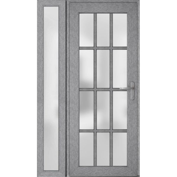 Front Exterior Prehung FiberGlass Door Frosted Glass / Manux 8312 Grey Ash / Sidelight Exterior Window / Office Commercial and Residential Doors Entrance Patio Garage-W36+12" x H80"-Left-hand Inswing