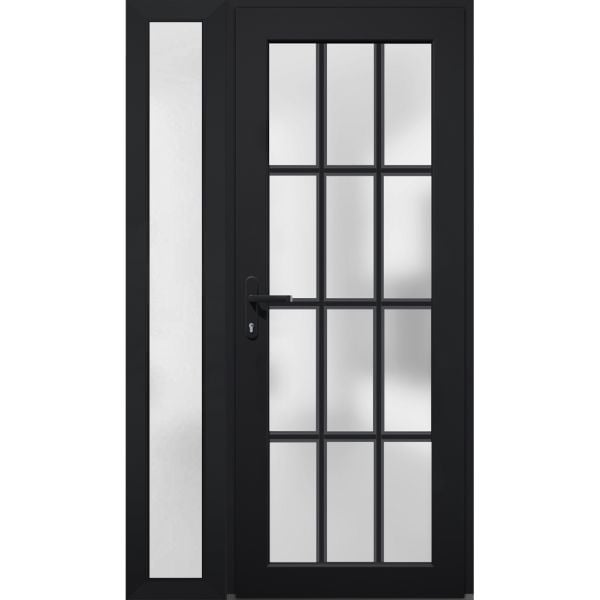 Front Exterior Prehung FiberGlass Door Frosted Glass / Manux 8312 Matte Black / Side Exterior Window /  Office Commercial and Residential Doors Entrance Patio Garage-W36+12" x H80"-Right-hand Inswing