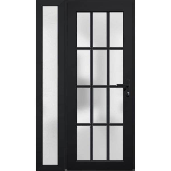 Front Exterior Prehung FiberGlass Door Frosted Glass / Manux 8312 Matte Black / Sidelight Exterior Window / Office Commercial and Residential Doors Entrance Patio Garage-W36+12" x H80"-Left-hand Inswing