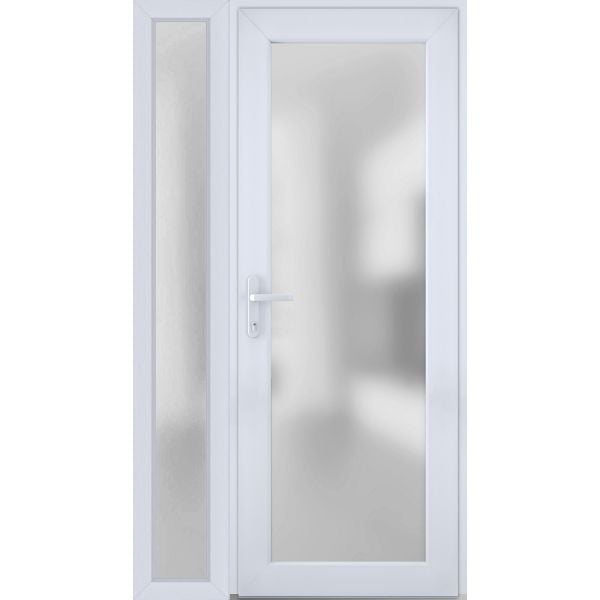 Front Exterior Prehung FiberGlass Door Frosted Glass / Manux 8102 White Silk / Side Exterior Window /  Office Commercial and Residential Doors Entrance Patio Garage-W30+12" x H80"-Right-hand Inswing