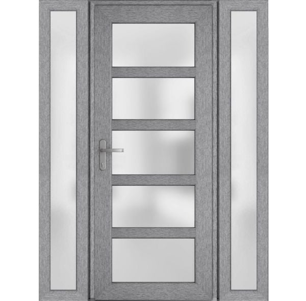 Front Exterior Prehung FiberGlass Door Frosted Glass / Manux 8002 Grey Ash / 2 Side Exterior Windows / Office Commercial and Residential Doors Entrance Patio Garage-W12+36+12" x H80"-Right-hand Inswing