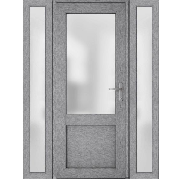 Front Exterior Prehung FiberGlass Door Frosted Glass / Manux 8422 Grey Ash / 2 Sidelight Exterior Windows / Office Commercial and Residential Doors Entrance Patio Garage-W14+36+14" x H80"-Left-hand Inswing