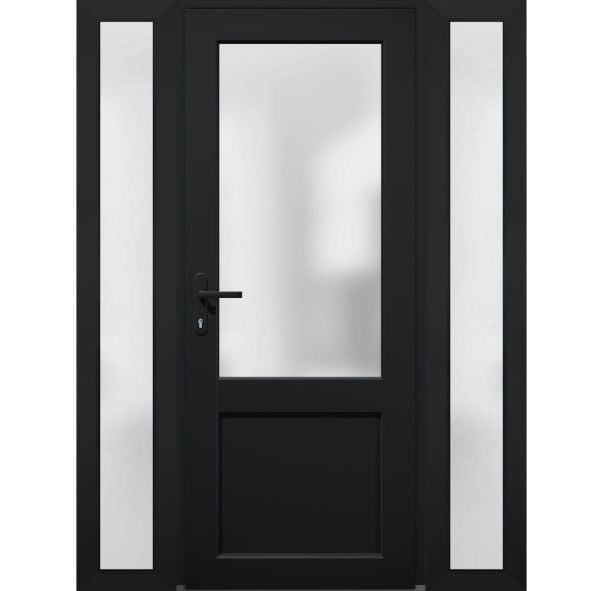 Front Exterior Prehung FiberGlass Door Frosted Glass / Manux 8422 Matte Black / 2 Side Exterior Windows / Office Commercial and Residential Doors Entrance Patio Garage-W12+36+12" x H80"-Right-hand Inswing
