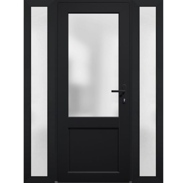 Front Exterior Prehung FiberGlass Door Frosted Glass / Manux 8422 Matte Black / 2 Sidelight Exterior Windows / Office Commercial and Residential Doors Entrance Patio Garage-W14+36+14" x H80"-Left-hand Inswing