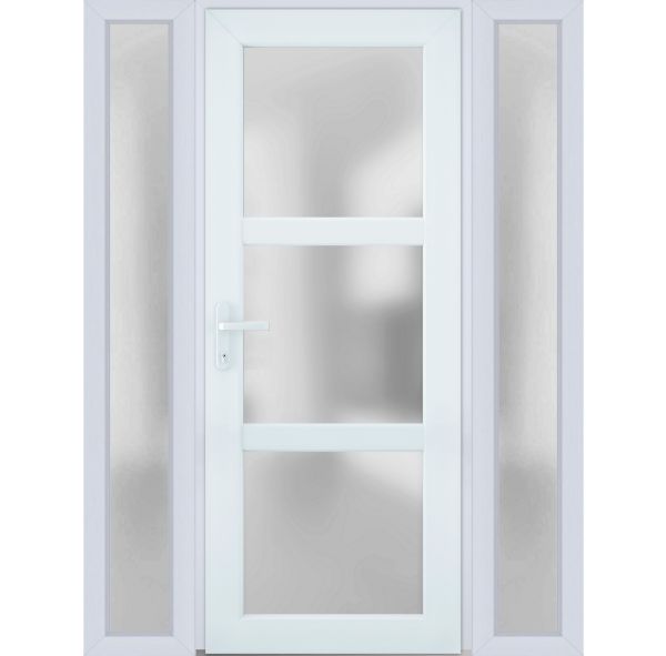 Front Exterior Prehung FiberGlass Door Frosted Glass / Manux 8552 White Silk / 2 Side Exterior Windows / Office Commercial and Residential Doors Entrance Patio Garage-W12+36+12" x H80"-Right-hand Inswing
