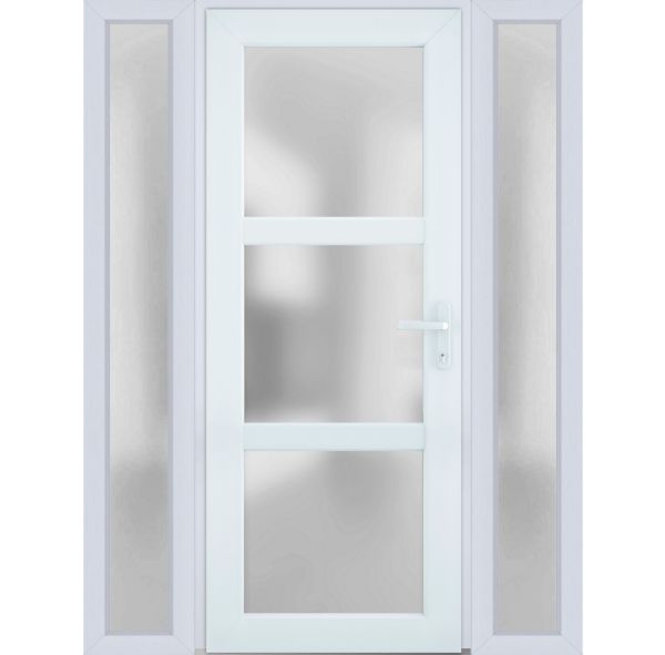 Front Exterior Prehung FiberGlass Door Frosted Glass / Manux 8552 White Silk / 2 Sidelight Exterior Windows / Office Commercial and Residential Doors Entrance Patio Garage-W12+30+12" x H80"-Left-hand Inswing