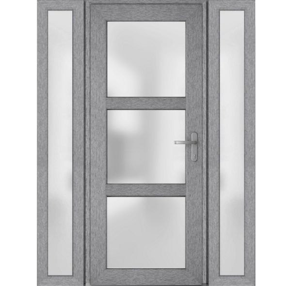 Front Exterior Prehung FiberGlass Door Frosted Glass / Manux 8552 Grey Ash / 2 Sidelight Exterior Windows / Office Commercial and Residential Doors Entrance Patio Garage-W12+36+12" x H80"-Left-hand Inswing