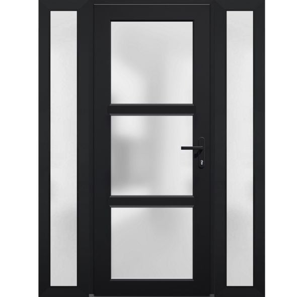 Front Exterior Prehung FiberGlass Door Frosted Glass / Manux 8552 Matte Black / 2 Sidelight Exterior Windows / Office Commercial and Residential Doors Entrance Patio Garage-W12+30+12" x H80"-Left-hand Inswing