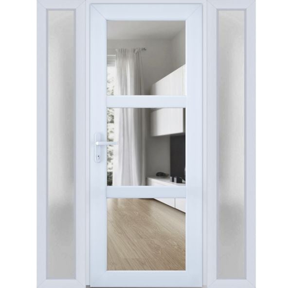 Front Exterior Prehung FiberGlass Door Clear Glass See-through / Manux 8555 White Silk Clear Glass / 2 Side Exterior Windows / Office Commercial and Residential Doors Entrance Patio Garage-W12+36+12" x H80"-Right-hand Inswing