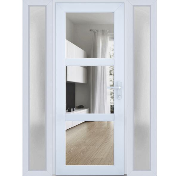 Front Exterior Prehung FiberGlass Door Clear Glass See-through / Manux 8555 White Silk Clear Glass / 2 Sidelight Exterior Windows / Office Commercial and Residential Doors Entrance Patio Garage-W16+30+16" x H80"-Left-hand Inswing