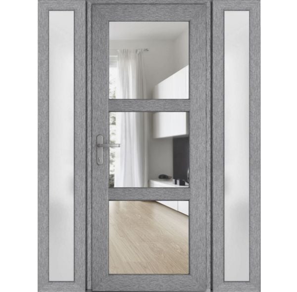 Front Exterior Prehung FiberGlass Door Clear Glass See-through / Manux 8555 Grey Ash Clear Glass / 2 Side Exterior Windows / Office Commercial and Residential Doors Entrance Patio Garage-W12+36+12" x H80"-Right-hand Inswing