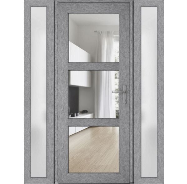 Front Exterior Prehung FiberGlass Door Clear Glass See-through / Manux 8555 Grey Ash Clear Glass / 2 Sidelight Exterior Windows / Office Commercial and Residential Doors Entrance Patio Garage-W14+36+14" x H80"-Left-hand Inswing
