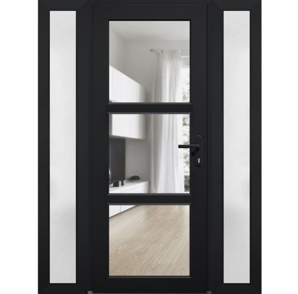Front Exterior Prehung FiberGlass Door Clear Glass See-through / Manux 8555 Matte Black Clear Glass / 2 Sidelight Exterior Windows / Office Commercial and Residential Doors Entrance Patio Garage-W16+36+16" x H80"-Left-hand Inswing