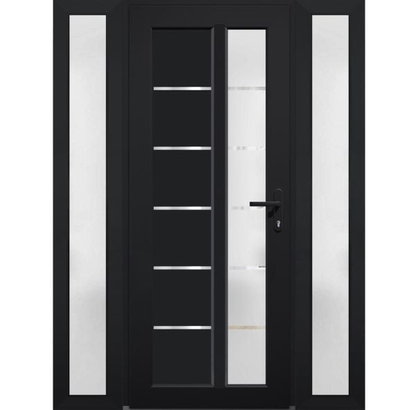 Front Exterior Prehung FiberGlass Door Frosted Glass / Manux 8088 Matte Black / 2 Sidelight Exterior Windows / Office Commercial and Residential Doors Entrance Patio Garage-W12+36+12" x H80"-Left-hand Inswing