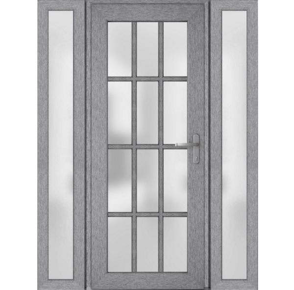 Front Exterior Prehung FiberGlass Door Frosted Glass / Manux 8312 Grey Ash / 2 Sidelight Exterior Windows / Office Commercial and Residential Doors Entrance Patio Garage-W14+36+14" x H80"-Left-hand Inswing