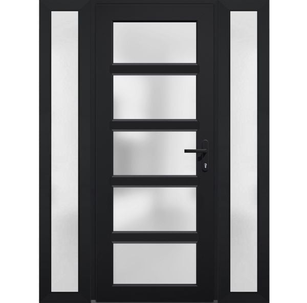 Front Exterior Prehung FiberGlass Door Frosted Glass / Manux 8002 Matte Black / 2 Sidelight Exterior Windows / Office Commercial and Residential Doors Entrance Patio Garage-W12+36+12" x H80"-Left-hand Inswing