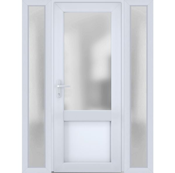 Front Exterior Prehung FiberGlass Door Frosted Glass / Manux 8422 White Silk / 2 Side Exterior Windows / Office Commercial and Residential Doors Entrance Patio Garage-W12+36+12" x H80"-Right-hand Inswing