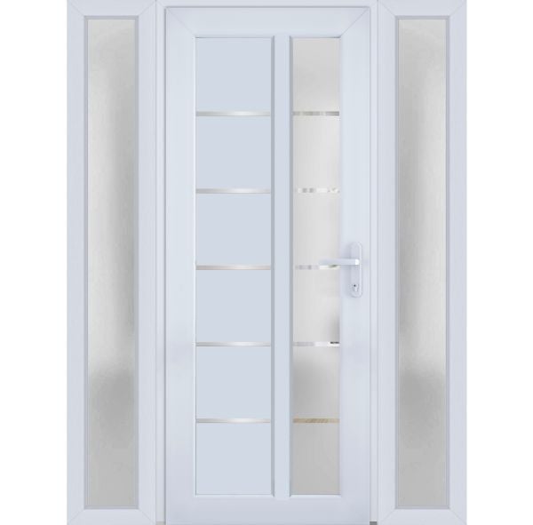 Front Exterior Prehung FiberGlass Door Frosted Glass / Manux 8088 White Silk / 2 Sidelight Exterior Windows / Office Commercial and Residential Doors Entrance Patio Garage-W12+30+12" x H80"-Left-hand Inswing