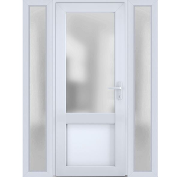 Front Exterior Prehung FiberGlass Door Frosted Glass / Manux 8422 White Silk / 2 Sidelight Exterior Windows / Office Commercial and Residential Doors Entrance Patio Garage-W12+36+12" x H80"-Left-hand Inswing