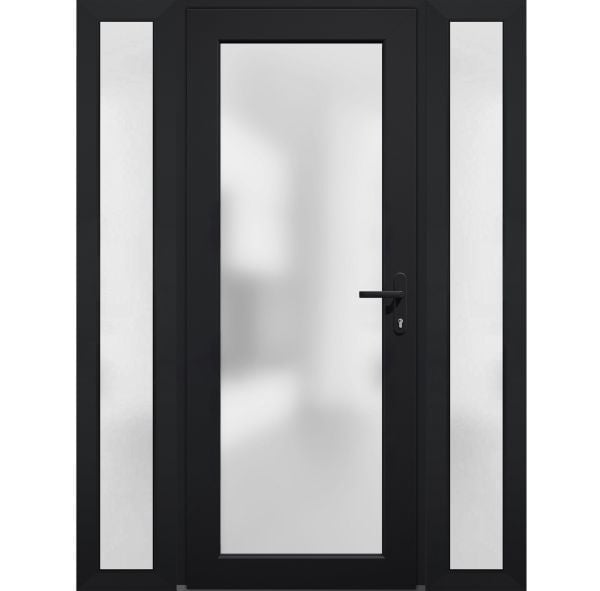 Front Exterior Prehung FiberGlass Door Frosted Glass / Manux 8102 Matte Black / 2 Sidelight Exterior Windows / Office Commercial and Residential Doors Entrance Patio Garage-W12+36+12" x H80"-Left-hand Inswing