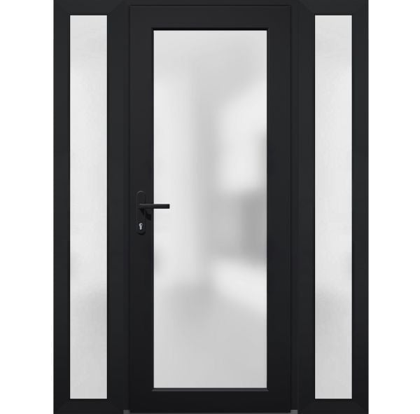 Front Exterior Prehung FiberGlass Door Frosted Glass / Manux 8102 Matte Black / 2 Side Exterior Windows / Office Commercial and Residential Doors Entrance Patio Garage-W12+30+12" x H80"-Right-hand Inswing