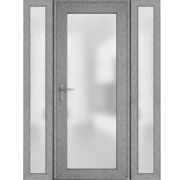 Front Exterior Prehung FiberGlass Door Frosted Glass / Manux 8102 Grey Ash / 2 Sidelight Exterior Windows / Office Commercial and Residential Doors Entrance Patio Garage-W12+36+12" x H80"-Right-hand Inswing
