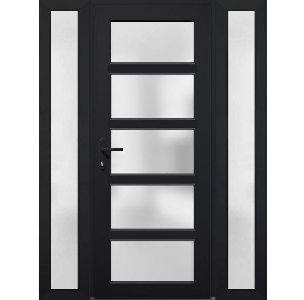 Front Exterior Prehung FiberGlass Door Frosted Glass / Manux 8002 Matte Black / 2 Side Exterior Windows / Office Commercial and Residential Doors Entrance Patio Garage-W12+36+12" x H80"-Right-hand Inswing