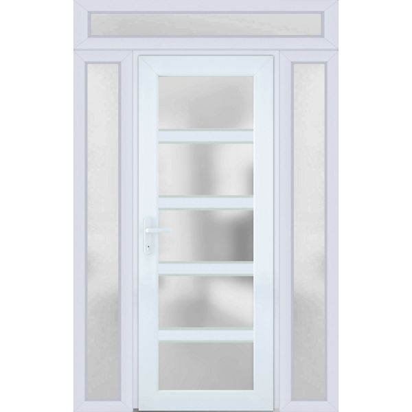 Front Exterior Prehung FiberGlass Door Frosted Glass / Manux 8002 White Silk / 2 Sidelight and Transom Window / Office Commercial and Residential Doors Entrance Patio Garage-W12+30+12" x H80+14"-Right-hand Inswing