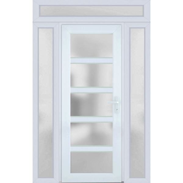 Front Exterior Prehung FiberGlass Door Frosted Glass / Manux 8002 White Silk / 2 Sidelight and Transom Window / Office Commercial and Residential Doors Entrance Patio Garage-W14+30+14" x H80+14"-Left-hand Inswing