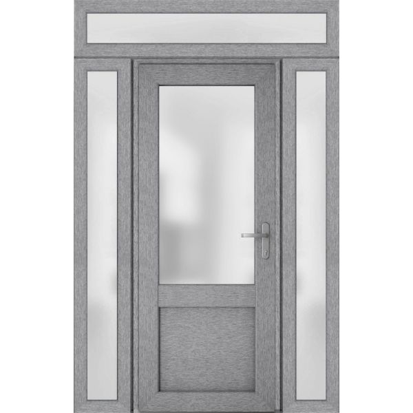 Front Exterior Prehung FiberGlass Door Frosted Glass / Manux 8422 Grey Ash / 2 Sidelight and Transom Window / Office Commercial and Residential Doors Entrance Patio Garage-W14+36+14" x H80+14"-Left-hand Inswing