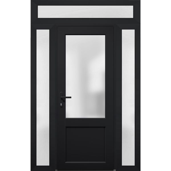 Front Exterior Prehung FiberGlass Door Frosted Glass / Manux 8422 Matte Black / 2 Side and Top Exterior Window / Office Commercial and Residential Doors Entrance Patio Garage-W14+36+14" x H80+14"-Right-hand Inswing