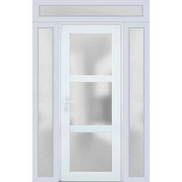 Front Exterior Prehung FiberGlass Door Frosted Glass / Manux 8552 White Silk / 2 Side and Top Exterior Window / Office Commercial and Residential Doors Entrance Patio Garage-W14+36+14" x H80+14"-Right-hand Inswing