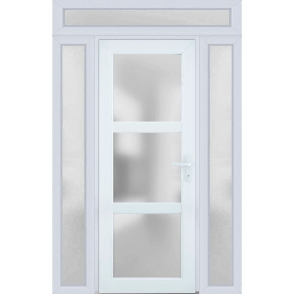 Front Exterior Prehung FiberGlass Door Frosted Glass / Manux 8552 White Silk / 2 Sidelight and Transom Window / Office Commercial and Residential Doors Entrance Patio Garage-W12+36+12" x H80+14"-Left-hand Inswing