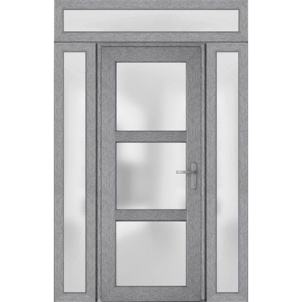 Front Exterior Prehung FiberGlass Door Frosted Glass / Manux 8552 Grey Ash / 2 Sidelight and Transom Window / Office Commercial and Residential Doors Entrance Patio Garage-W16+36+16" x H80+14"-Left-hand Inswing