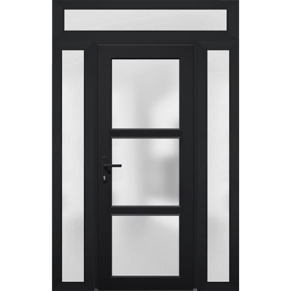 Front Exterior Prehung FiberGlass Door Frosted Glass / Manux 8552 Matte Black / 2 Sidelight and Transom Window / Office Commercial and Residential Doors Entrance Patio Garage-W14+36+14" x H80+14"-Right-hand Inswing