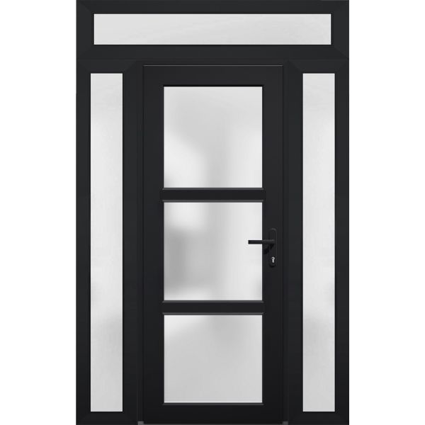 Front Exterior Prehung FiberGlass Door Frosted Glass / Manux 8552 Matte Black / 2 Sidelight and Transom Window / Office Commercial and Residential Doors Entrance Patio Garage-W16+36+16" x H80+14"-Left-hand Inswing