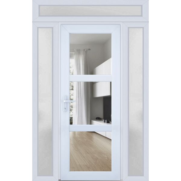 Front Exterior Prehung FiberGlass Door Clear Glass See-through / Manux 8555 White Silk Clear Glass / 2 Side and Top Exterior Window / Office Commercial and Residential Doors Entrance Patio Garage-W14+36+14" x H80+14"-Right-hand Inswing